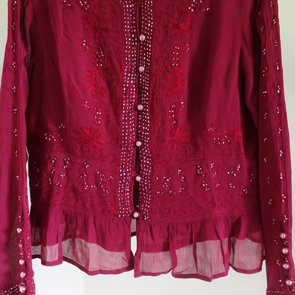 Burgundy Red Beaded Embroidered Sheer Vintage Blouse Size L - Picture 4 of 5